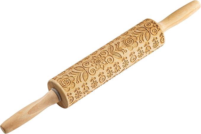 TableCraft Embossed Beech Wood Rolling Pin – 15.25 Inches, Fall Leaf Imprint for Seasonal Baking, Durable Wood Rolling Pin for Cookies, Pastries & Fondant, Autumn Carved Design, Handwash Recommended