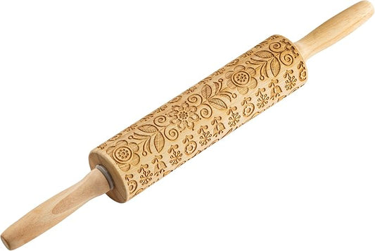 TableCraft Embossed Beech Wood Rolling Pin – 15.25 Inches, Snowflake Imprint for Holiday Baking, Durable Wood Rolling Pin for Cookies, Pastries & Fondant, Festive Carved Design, Handwash Recommended