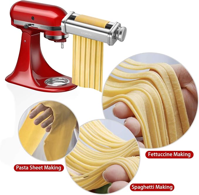 Cofun 3PCS Pasta Attachment for KitchenAid Stand Mixer, 8 Thickness Settings Stainless Steel Pasta Maker with Sheet Roller, Spaghetti & Fettuccine Cutter, Pasta Maker for Kitchenaid Mixer Attachments