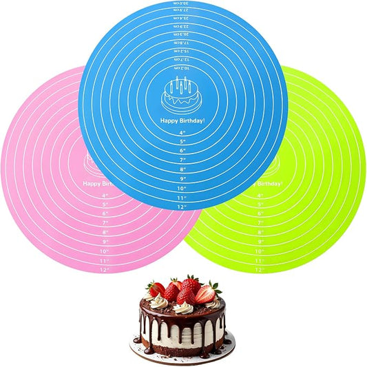 Qianyu 3Pcs Round Cake Turntable Mat Silicone Baking Mat with Measurements Reusable Silicone Baking Mats Non Stick Heat Resistant Pastry Bake Sheet for Pizza Pan Rolling Dough Pastry