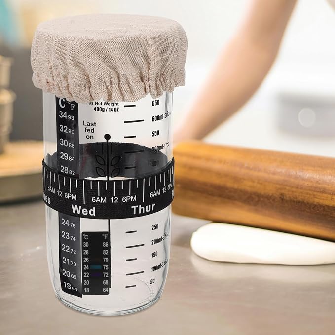 Sourdough Starter Jar Accessory Kit 2 Cloth Covers 2 Thermometer Stickers 2 Date Marking Bands for Fermentation Jar Monitoring and Batch Tracking