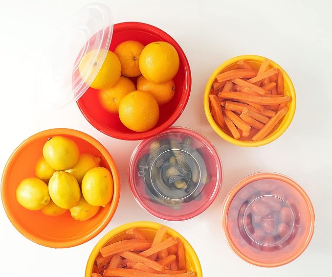 Stephanie Imports Made in USA 6-Piece Set of Prep & Store Plastic Bowls with Clear Lids (BPA-Free and Dishwasher Safe) - Orange, Red and Yellow