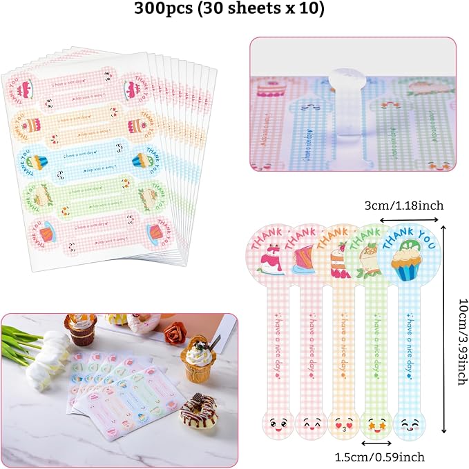 Beyonday 300pcs Handmade Lollipop Baking Stickers for Cake Box/Tins/Jars/Coffee Cups/Bottles, Cute Cake Long Label Sealing Bakery Stickers for Gift Wrapping Self-Adhesive Tamper Evident Seal Labels
