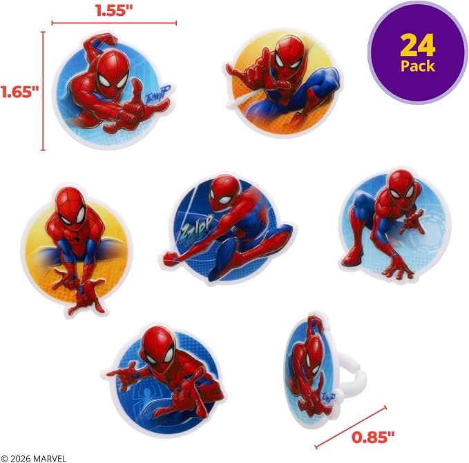 Marvel's Spider-Man Rings | 24 | Neighborhood Hero Cupcake Toppers For Birthday Parties & Celebrations, Food Safe - 24 Pack