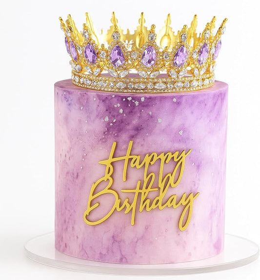 8 Pcs Purple and Gold Queen Crown Cake Topper, Happy Birthday Cake Toppers Foam Balls Rhinestone Crystal Tiara Wedding Decoration for Princess Party Photo Props for Women Princess