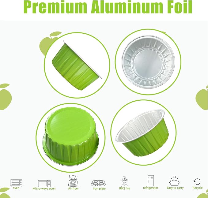 100Pcs Aluminum Cups with Lids,5oz Disposable Ramekin Baking Cups Muffin Liners Mini Pie Pans Foil Cupcake Containers for Christmas Party Wedding Party,Grass Green