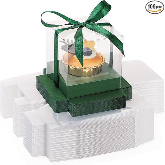 EUSOAR Individual Cupcake Boxes, 3.5 Inch 100 Pcs Dessert Pastry Cupcake Containers with Inserts and Ribbon, Clear Muffins Gift Holder Disposable Cake Carriers for Wedding Party Favor Bakery