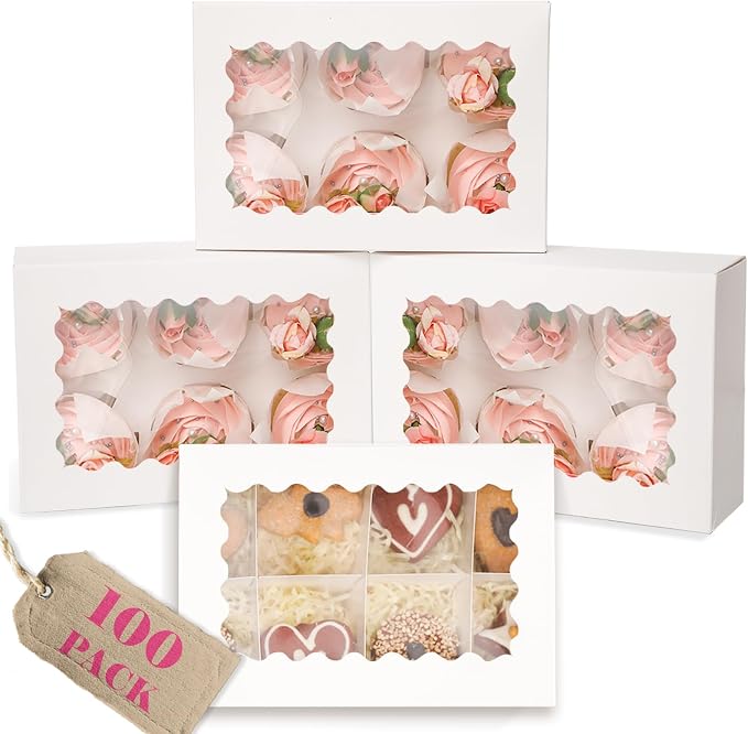 qiqee Auto-pop Up Cupcake Boxes with Window White 100PCS 6 Count Cupcake Box 9.4"x6.1"x3" Cupcakes Carrier, 6 Cupcake Containers