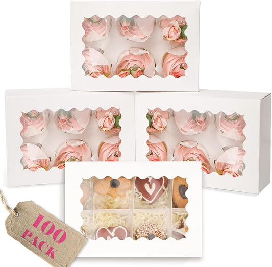 qiqee Auto-pop Up Cupcake Boxes with Window White 100PCS 6 Count Cupcake Box 9.4"x6.1"x3" Cupcakes Carrier, 6 Cupcake Containers