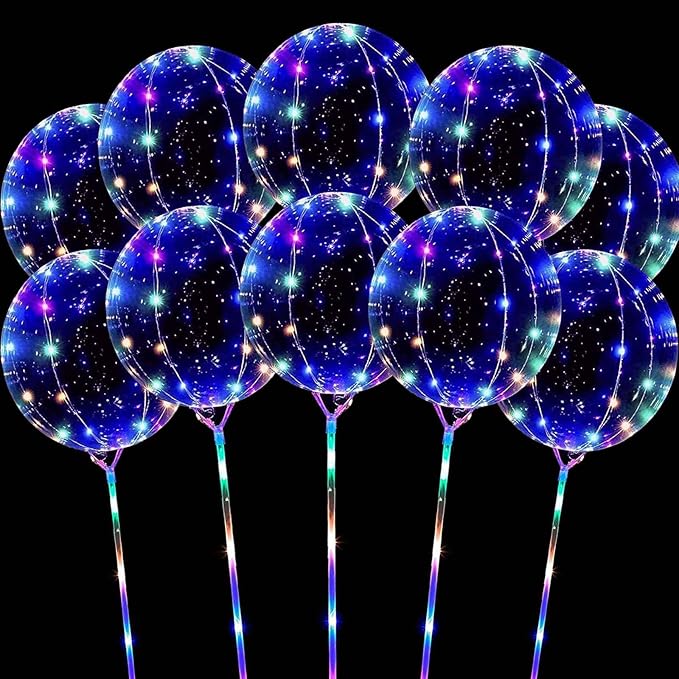 10 Pack LED Balloons with Sticks, 15Pcs 20 Inch Clear Bobo Balloons Light Up Helium Glow Bubble Balloon Lights for Party Supplies Valentines Decor (Colorful)