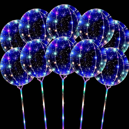 10 Pack LED Balloons with Sticks, 15Pcs 20 Inch Clear Bobo Balloons Light Up Helium Glow Bubble Balloon Lights for Party Supplies Valentines Decor (Colorful)