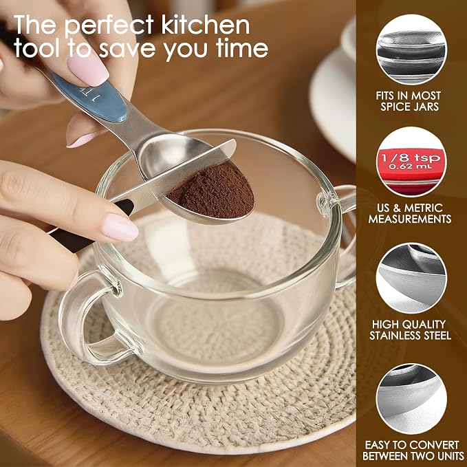 Stainless Steel Magnetic Measuring Spoons Set of 9 with Leveler,Dual Sided, Stackable, Adjustable Teaspoon and Tablespoon, Measuring Liquids and Dry Ingredients, Baking& Cooking Gadgest,Multicolor