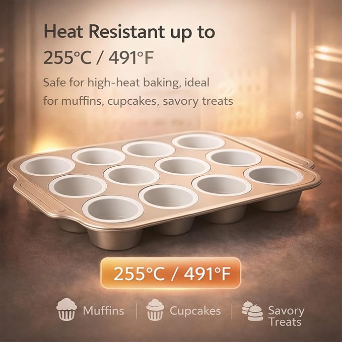 12-Cup Silicone Muffin Pans with Steel Frame, Nonstick Bakeware, Reusable Cupcake Pans with 12 Piping Nozzles & Bag for Baking | Silicone Muffin Pans for Cupcakes & Muffins