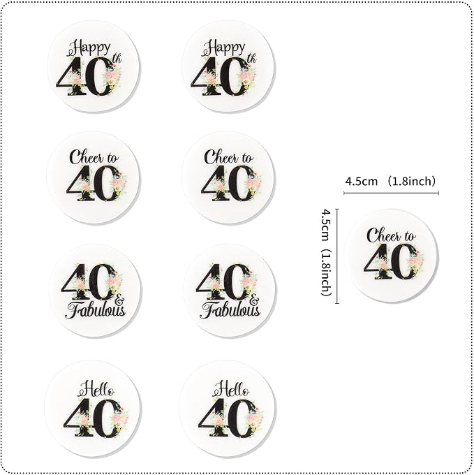 40Pcs Edible Circle Happy 40th Birthday Cupcake Toppers Edible Floral Hello 40 Fabulous Cheers to 40 Cupcake Picks Drink Toppers for Funny Female Floral 40th Birthday Party Decorations