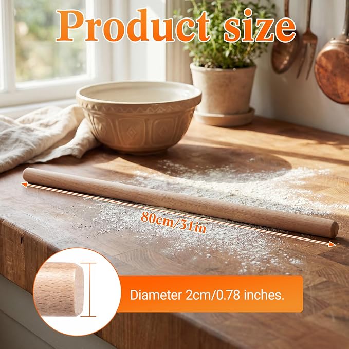 Gisafai 2 Pack Extra Long Thin Rolling Pins 3/4-inch Diameter 31 Inch /80 cm Long Wooden Baking Dough Rolling Pins Handmade for Large Baking, Pizza, Tortilla, Bread, Nut Tart