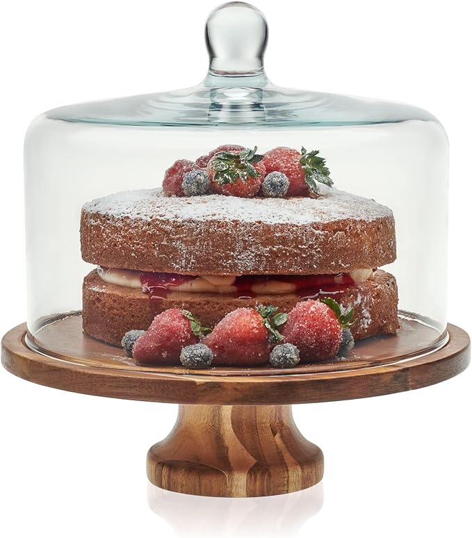 Libbey Acacia Wood Cake Stand with Lid, Footed Cake Stand With Cover, Durable Ball Top Handle Glass Dessert Dome