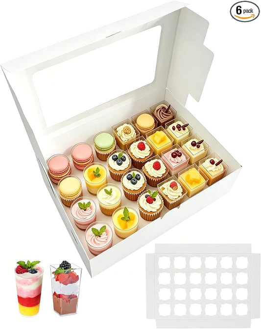 Esvara 6 Pack Cupcake Boxes for 24 Holder 3 Oz - Individual Cupcake Containers with Clear Window, Disposable Cupcake Holder Boxes for Bakery Display, Pastry Storage, Cupcake Carrier & Transport