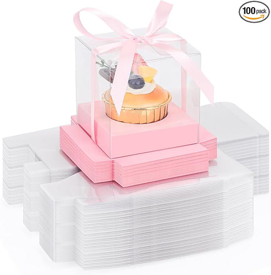 EUSOAR Pink Cupcake Boxes, 100 Packs 3.5 Inch Clear Plastic Cupcake Containers Box Individual with Inserts and Ribbon, Pastry Wrappers Clear Muffin Gift Holder for Wedding Favor Bakery Decor