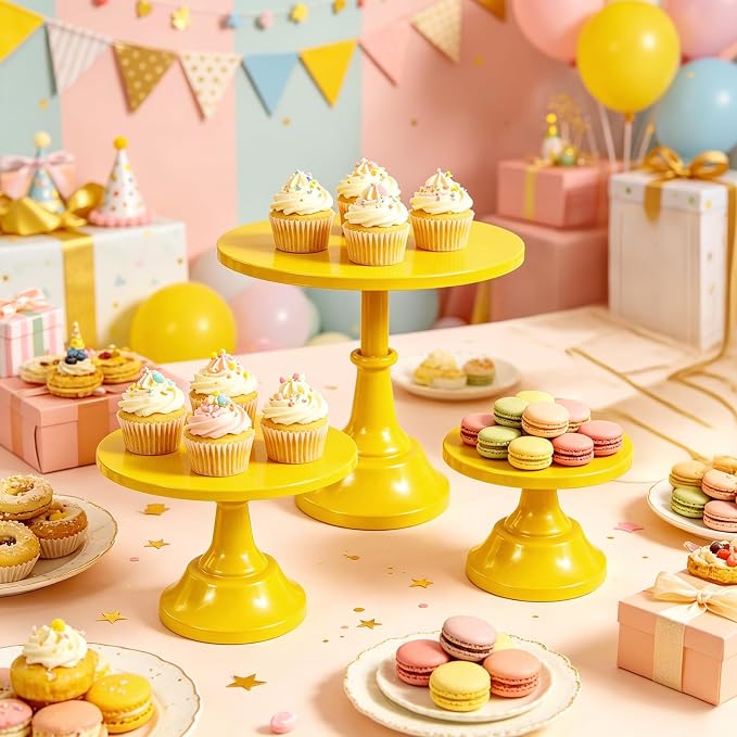 3 Pcs Cake Stand Set Metal Round Cake Holder Cupcake Stands 8/10/12 inch Yellow Dessert Display Stands Dessert Table Decorations for Birthday Parties, Baby Shower,Wedding Banquets and Anniversary