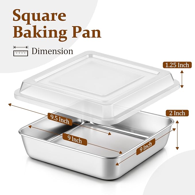 LIANYU 9 x 9’’ Baking Pan with Lid, 9 Inch Square Cake Pan for Lasagna Brownie, Stainless Steel Commercial Deep Baking Dish Set, Oven & Dishwasher Safe Sheet Bakeware (1 Pan +1 Lid)