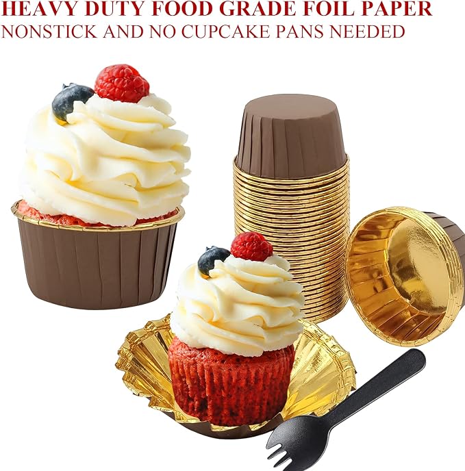 5oz Foil Cupcake Cups Muffin Tins 50 Pack,LNYZQUS Cupcake Liners with Dome Lids,Disposable Ramekins Pans Tins Wrappers Holders,Large Muffin Liners Baking Cups-Brown in gold