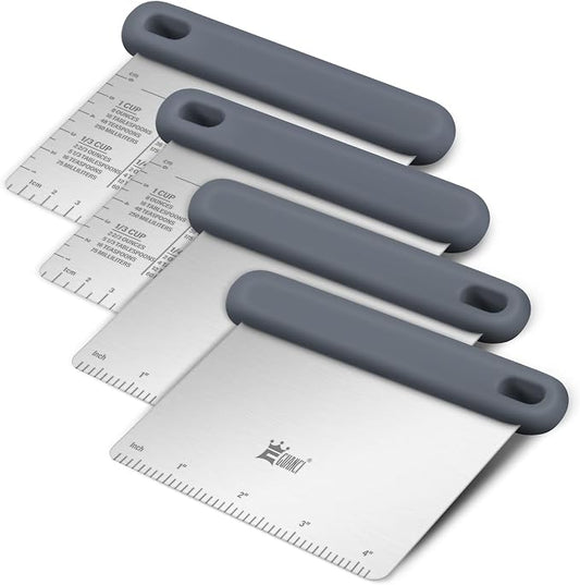 Bench & Dough Scraper Set of 4, Flexible Stainless Steel Kitchen Scraper with Platinum Silicone Non-Slip Grip, Multipurpose Food Scraper for Dough, Dishwasher Safe, Measuring Scale & Conversion Chart