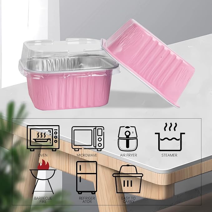 50 Pcs Mini Square Baking Cups with Lids,10oz Aluminum Foil Mini Cake Pans with Lids,Disposable Ramekins Cake Pans,300ml Dessert Cups Cupcake Pans for Wedding Birthday Party,Pink
