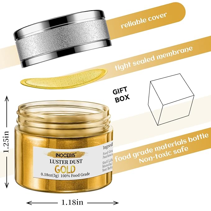 INOCERIS Edible Luster Dust, 5 Grams Food Grade Gold Cake Dust Shimmer Metallic Gold Food Coloring Powder for Cake Decorating, Baking, Fondant, Chocolate, Candy, Drinks, Cookies