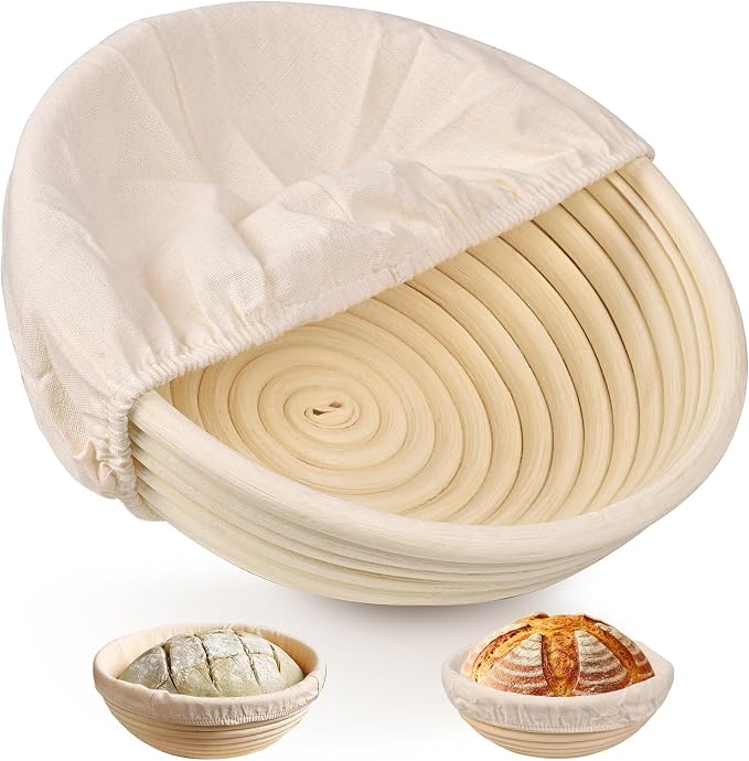 Banneton Bread Proofing Basket for Sourdough & Baguettes, 9 Inch Round Natural Rattan Bread Basket with Washable Linen Liner
