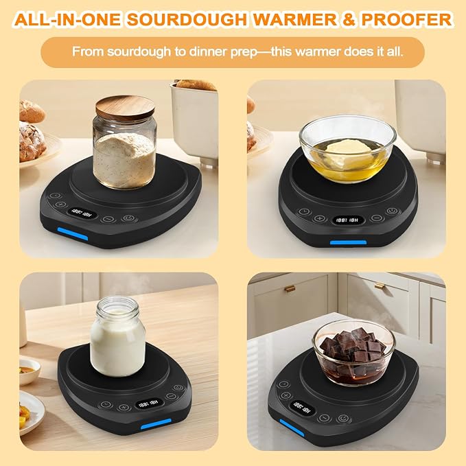 Sourdough Starter Warmer Mat,65-110°F 1°F Precision, 24H Timer & Memory, Electric Heating Mat for 24-40oz Jars, Home Baking（Black）