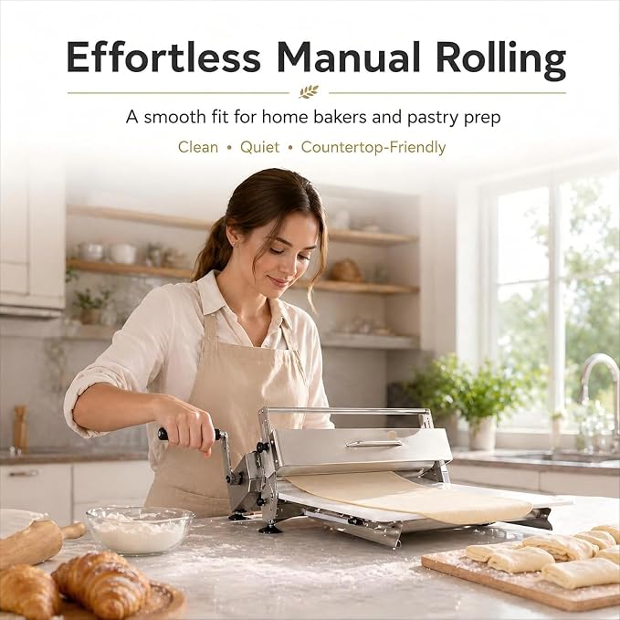 Manual Hand Dough Sheeter, Folding Dough Rolling Machine, Commercial Grade Capacity, Food-Grade Stainless Steel, with Sheeter Board, Or Pizza Dough, Bread, Cookies and Pastry Baking