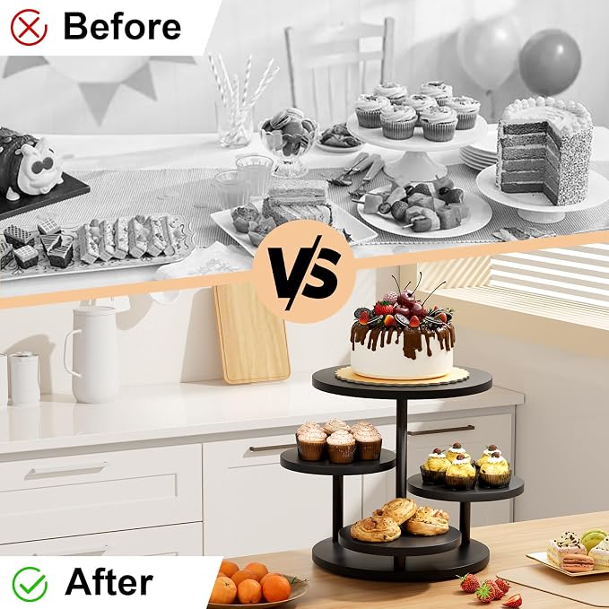 Cupcake Tower for 50 Cupcakes 4 Tier Wooden Dessert Display Stands 360°Rotatable Cookie Display Stand with Tiered Trays Round Cake Stand for Parties Wedding Halloween Dessert Table, Black