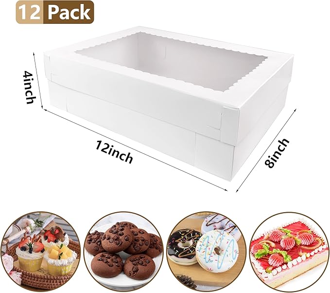 MUMULULU 12 PCS Cake Boxes with Window White Bakery Boxes Large Treat Box for Donuts Cookies Dessert Cupcakes Pastry Baking Pie Packaging (12 * 8 * 4in)