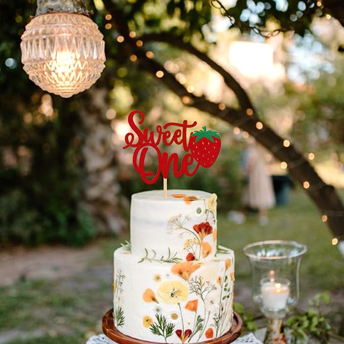 1 Pack Sweet One Cake Topper Glitter First Birthday Strawberry Cake Pick for Fruit Baby Shower 1st Birthday Berry Sweet Cake Decoration For Birthday Party Supplies Red