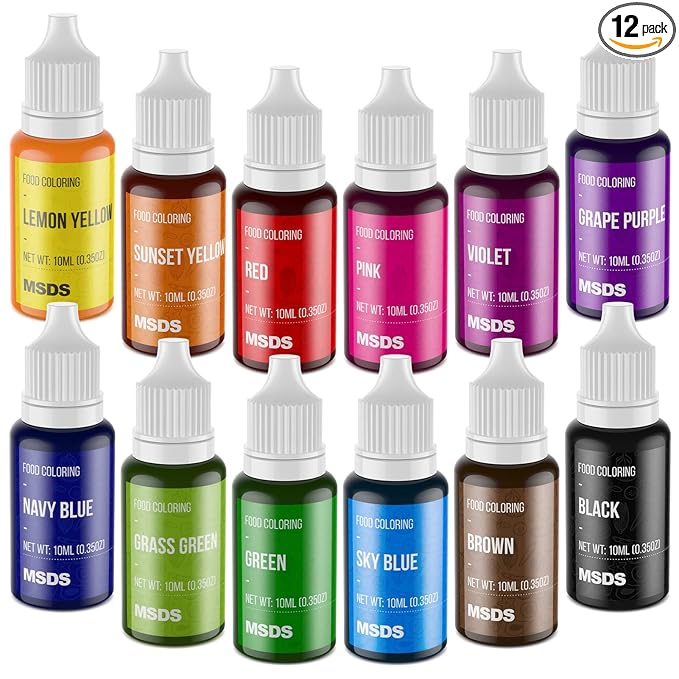 Food Coloring Set - 12 Color Food Grade Vibrant Food Dye Tasteless Liquid Color for Cake Decorating, Baking, Easter Egg, Icing, Fondant, Cooking, Slime Making DIY Supplies Kit - 0.35 Fl. oz (10 ml)/Bottles
