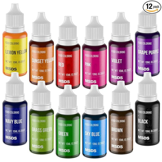 Food Coloring Set - 12 Color Food Grade Vibrant Food Dye Tasteless Liquid Color for Cake Decorating, Baking, Easter Egg, Icing, Fondant, Cooking, Slime Making DIY Supplies Kit - 0.35 Fl. oz (10 ml)/Bottles