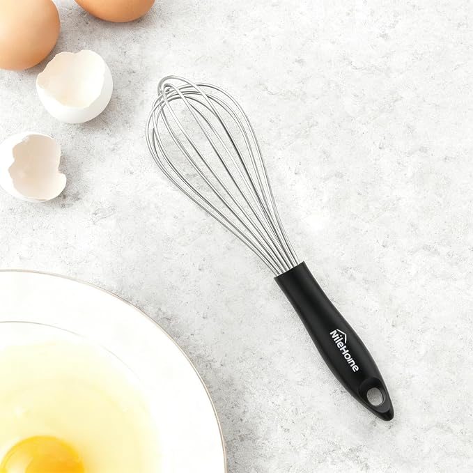 NileHome Silicone Whisk 10", Kitchen Whisk Kitchen Wisk Wire Whisks for Cooking, Whisking, Blending, Beating, Stirring-Black Silver