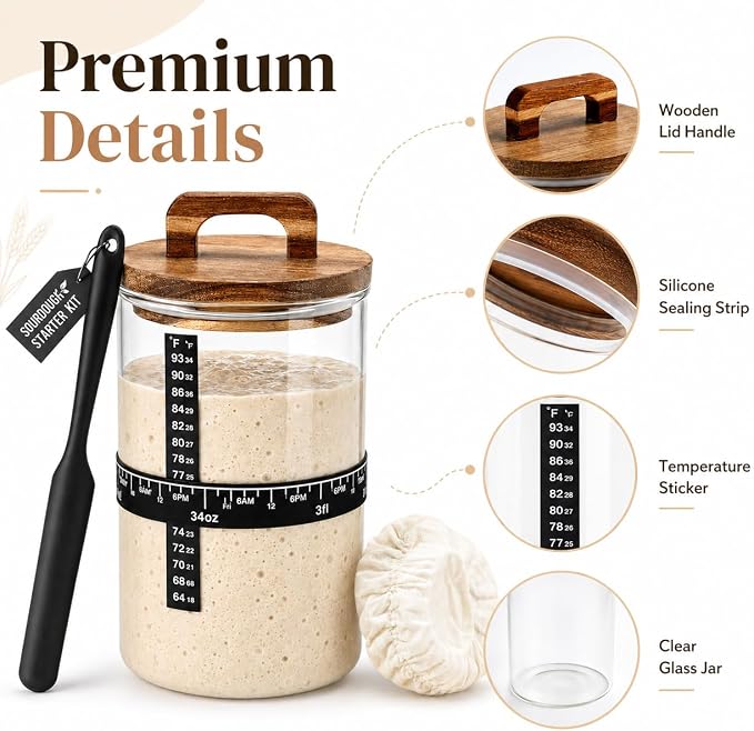 Sourdough Starter 35 Oz Jar,Glass Sourdough Bread Baking Supplies with Wooden Handle Lid,Sour Dough Bread Starter Jar Kit,Date Marked Feeding Band,Thermometer,Silicone Scraper,Sewn Cloth Cover