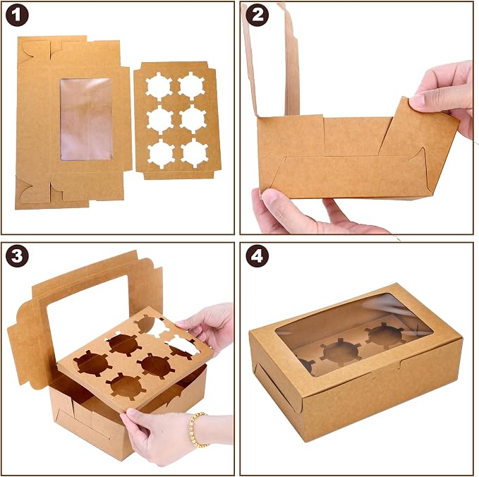 Jucoan 50 Pack Kraft Cupcake Box with Insert and Window Hold 6 Standard Cupcake, Food Grade Cupcake Carrier Container, Brown Bakery Box for Pastry, Cookies, Small Cake, Desserts Treat