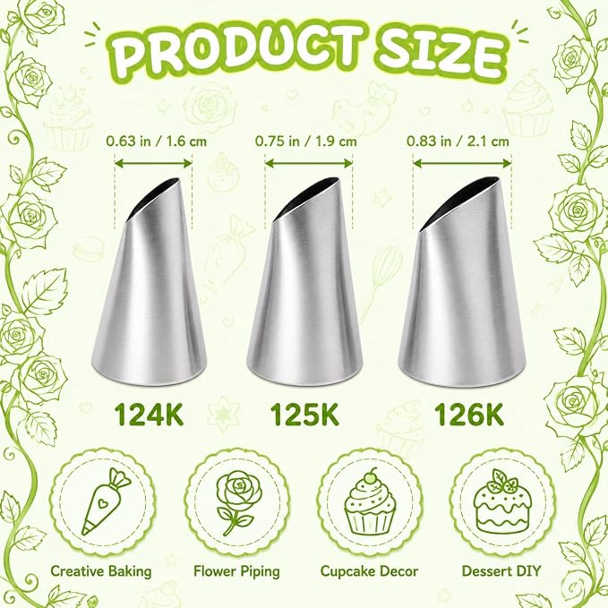 3 Pcs Korean Flower Piping Tips Set, Stainless Steel Flower Tubes 124K 125K 126K for Buttercream, Frosting Nozzles for Korean-Style Flowers, Peonies, Roses, Ranunculus