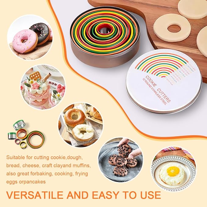Round Cookie Biscuit Cutter Set,12 PCS Donut Cutter Round Cookie Cutter Set for Baking Doughnut,Clay,Scone,Pastry, Fondant Cutter Molds with Colorful Rubber Protective Case