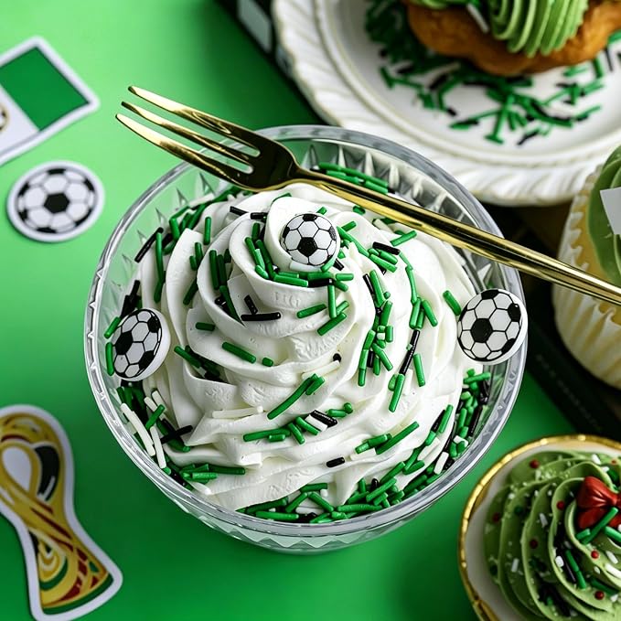 Soccer Sprinkles for Cake Decorating - 10Pcs Edible Soccer Balls & Black Green White Jimmies Sprinkles for Baking, Cupcakes, Cookies & Ice Cream Toppings, World Cup Sprinkles