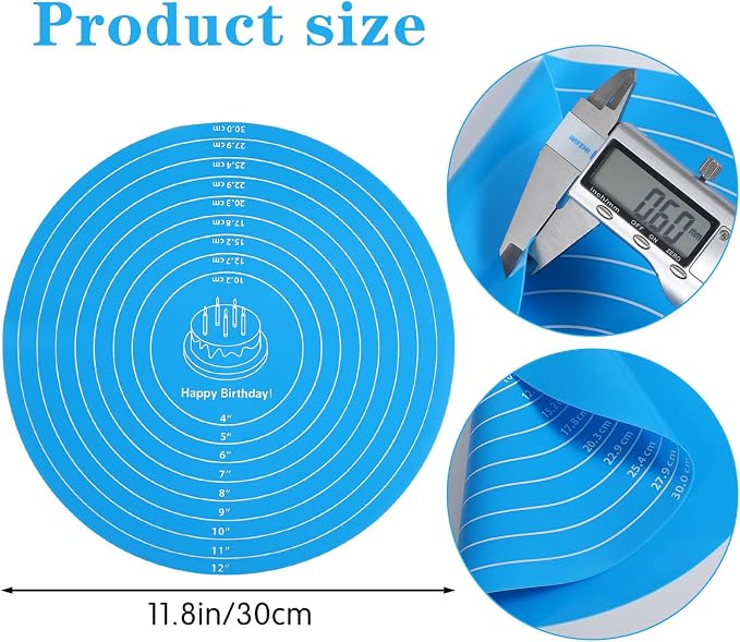 12 Inch Round Baking Mat 2PCS Silicone Cake Mat with Measurements | Non-Stick Heat Resistant Cake Turntable Non-slip Mat Reusable Cookie Pad for Pastry Dough and Baking (Pink and Blue)