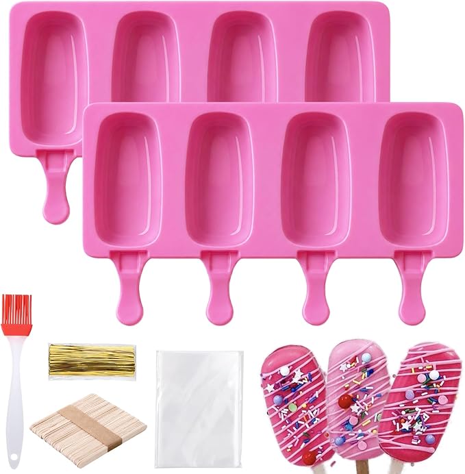 Juome Cake Pop Mold Kit, 2 Pack 8 Cavities Cakesicle Molds Silicone with 100 Wooden Sticks & 100 Packaging Bags with Ties, Cake Pop Maker Supplies Accessories, Baking Tools for Home Desserts (Pink)