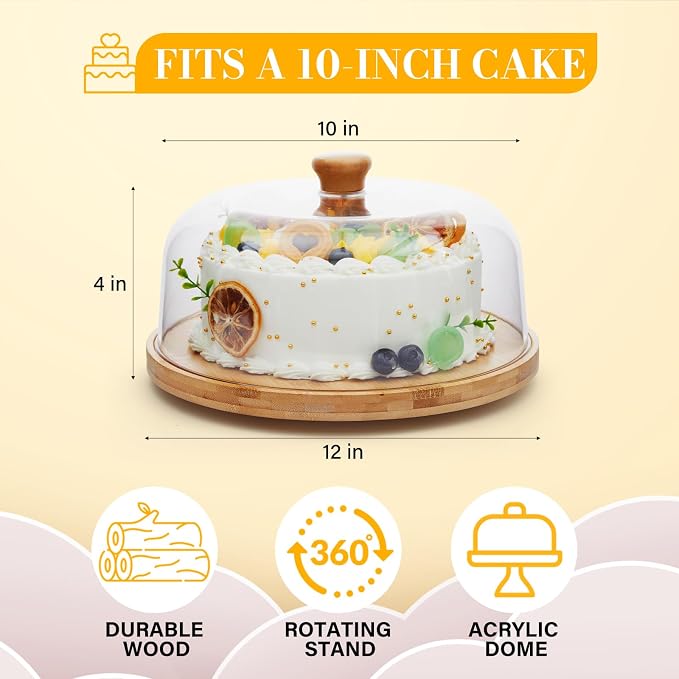 Rotating Cake Stand with Lid, 12'' Wood Food Plate with Cover, Serving Tray, Fruit Platter, Salad Bowl, Dessert Table Display & Acrylic Cake Dome Cover for Party