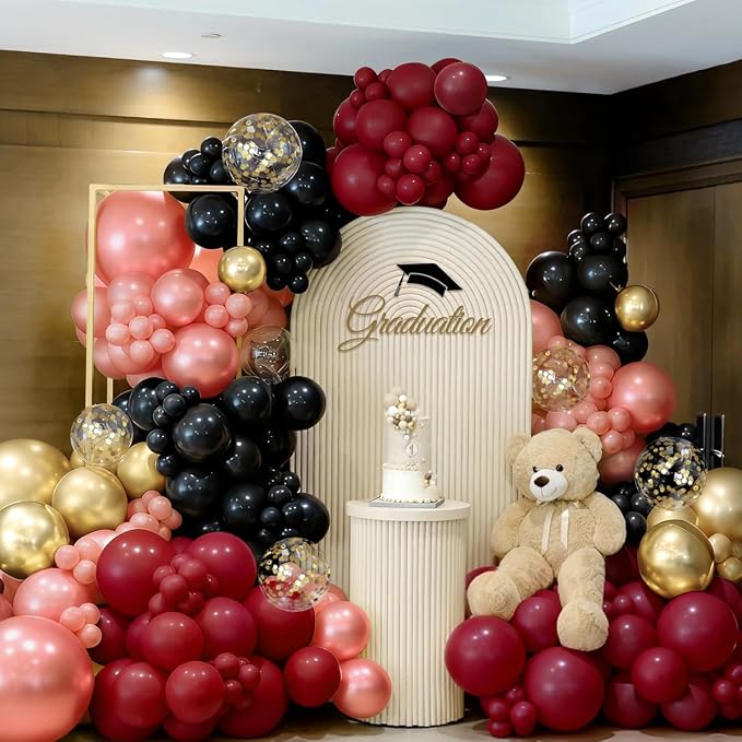 Burgundy Balloon Garland Arch Kit, 167Pcs Maroon Pearl Rose Gold Black Balloons for Birthday Graduation Bridal Shower Party Decorations