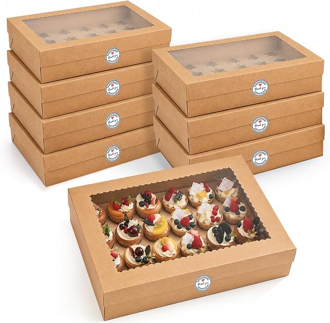 24 Count Cupcake Boxes, 8 Pack White Cupcake Containers with Windows and Inserts, Disposable Cupcake Carriers for Muffins, Treats, Pastries, 19 x 14 x 3.9 Inches (Brown, 24Count /8Pcs)