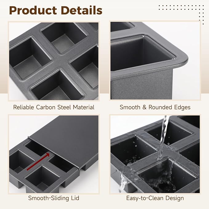 6-Cavity Mini Pullman Loaf Pan with Lid, 10.24 x 6.89 x 2.36 in Nonstick Square Bread Baking Pan, Carbon Steel Toast Box Mould with Cover for Oven, Dark Gray