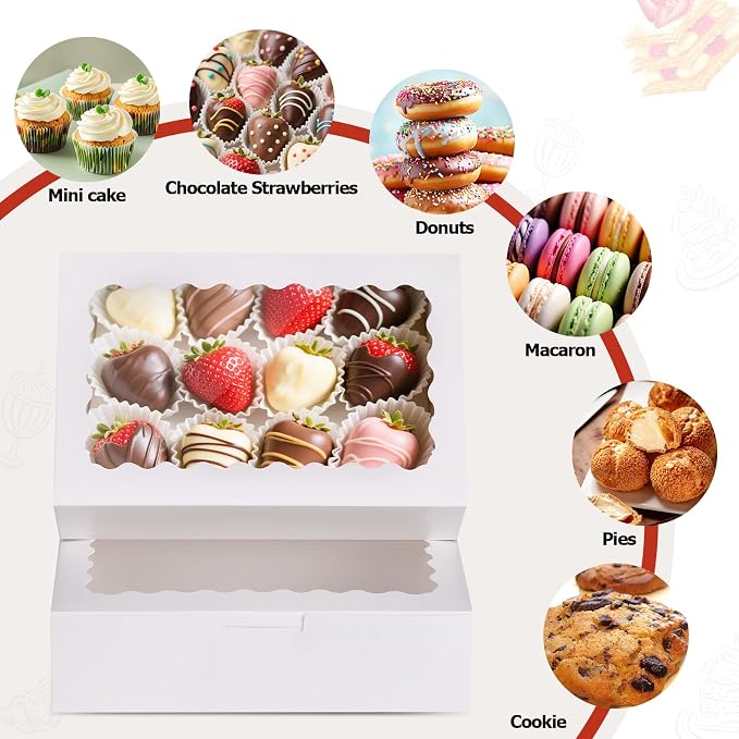 20pcs Cookie Boxes with Window, 9x6x2.5 Inches White Bakery Boxes for Dessert, Treat, Pastry, Donut, Chocolate Covered Strawberry - Baked Goods Packaging for Holiday Gift Giving