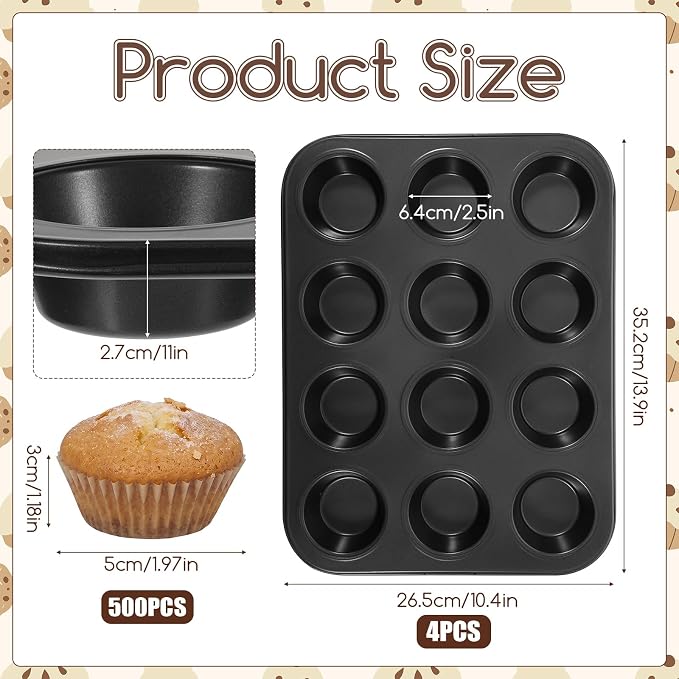 4 Pcs Muffin Pan for Baking, 12 Cup Nonstick Carbon Steel Cupcake Pan with 500 Natural Cupcake Liners, Carbon Steel Muffin Cupcakes Tary Baking Supplies, Standard CupcakePan
